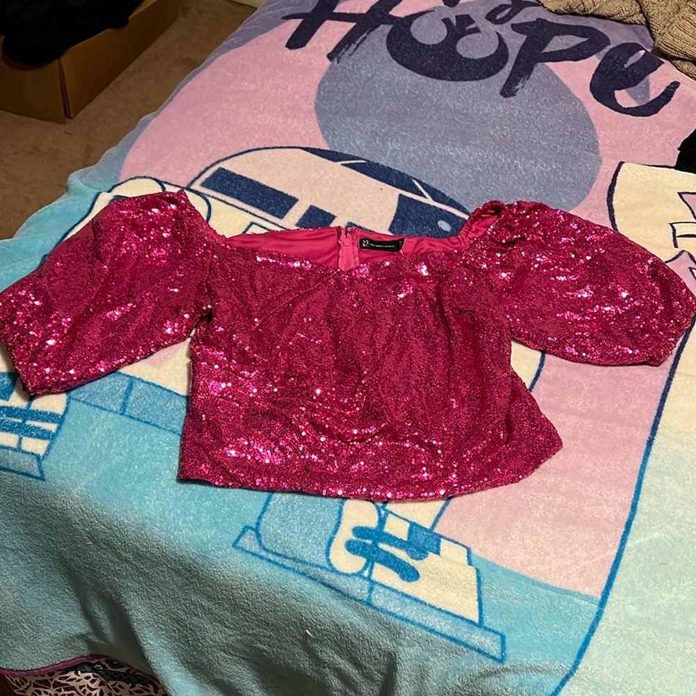 NY&Co Pink Sequin Off the Shoulder Puff Sleeve Top NWT